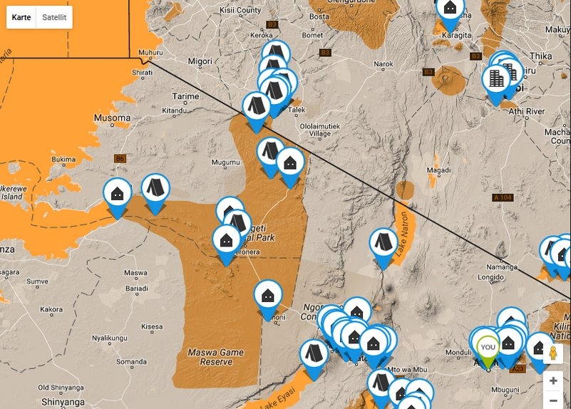 Karte Safari Unterkünfte