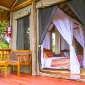 Zelt mit privater Veranda und Einblick in den Schlafbereich