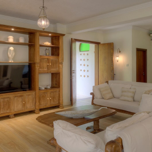 Wohnzimmer mit Couch und TV  Garten Villa